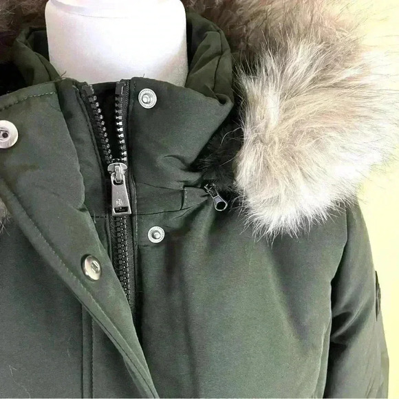 NWT Lauren Ralph Lauren Green Faux Fur Hood Tie Waist Puffer Parka Coat Size S - Picture 15 of 16